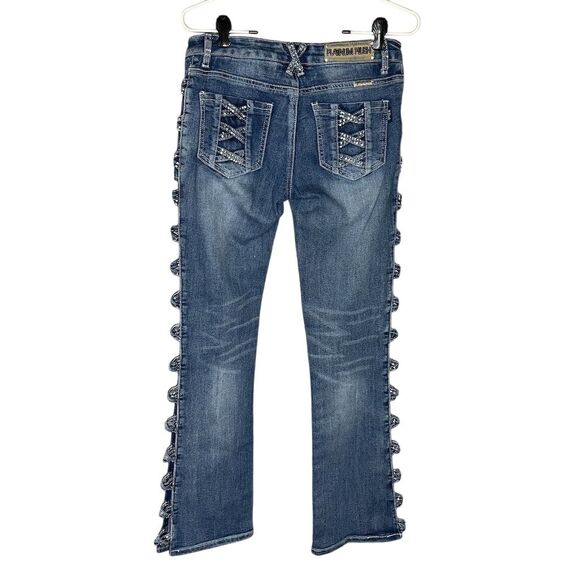 Platinum Plush Cross Me Women's Size 7 Blue Open-leg Rhinestone Jeans - Picture 2 of 10